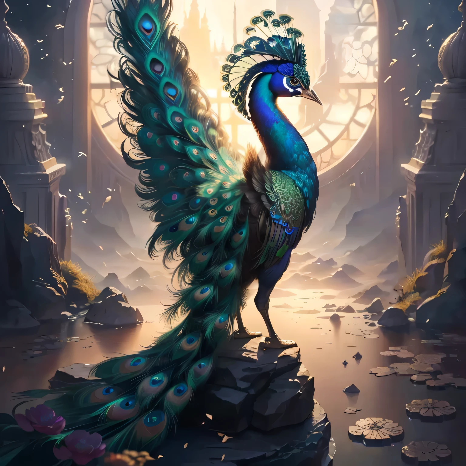 Peacock standing on the rock in front of the window,There is a clock on the window, Beautiful digital artwork, 8k high quality detailed art, fantasy art behance, 4k highly detailed digital art, Highly detailed fantasy art, Realistic fantasy illustrations, Peacock in the desert, Epic Fantasy Card Game Art, The numbers are very detailed, Detailed fantasy digital art 8K,Film texture,Ultra HD Lossless