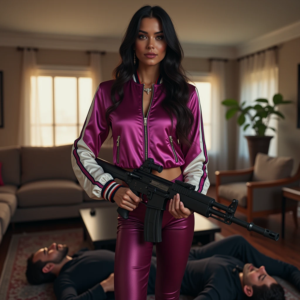wide depth of field, wide depth of focus, f/11 lens setting, all objects in focus, full color image, raven haired woman with ak47, holding ak47 rifle, large living room, full body image, (two tone magenta and white short cropped soft shiny satin bomber jacket with stripe down sleeve),  zipped up jacket, shiny satin leggings, woman posing with am ak47 rifle, long beautiful hair, confidant smile, pure form, intricate details, 8K post-production, high resolution, super detailed, Popular topics on Artstation,, Studio photos, intricate details, Very detailed, she stands in the middle of the room on a pile of defeated men laying unconscious with closed eyes on the floor