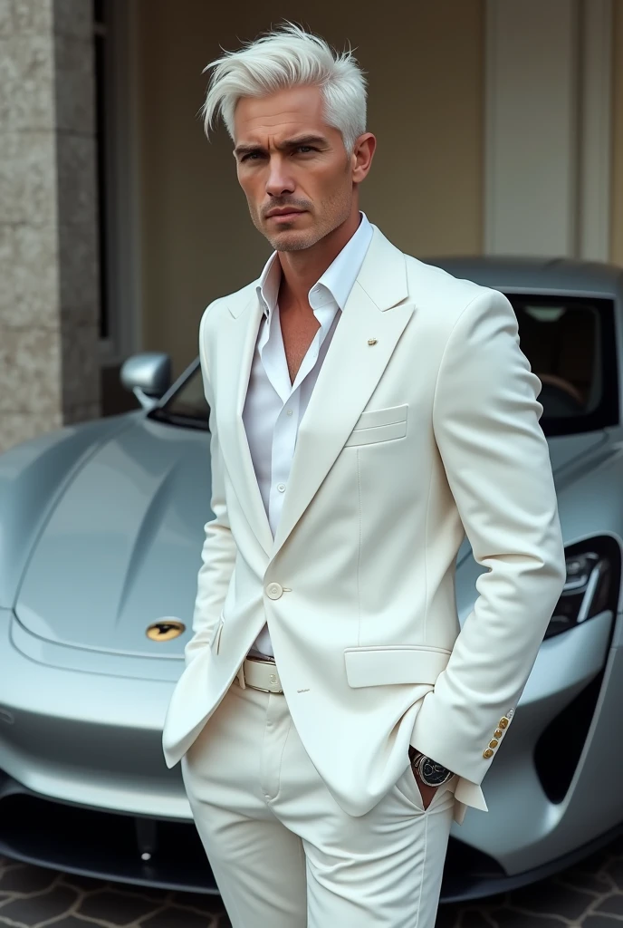 handsome, white hair, white suit, tall , white skin, sport car, young man, British boy