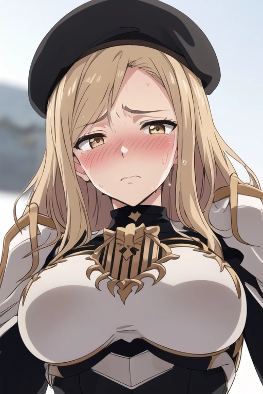 (best quality), (masterpiece), (solo), Kisara, 1girl, blonde hair, long hair, yellow eyes, (big breasts), steel armor, steel pauldrons, (black beret), (aroused facial expression, blush, sweat, (simple background), (blurry background), close-up, view from below