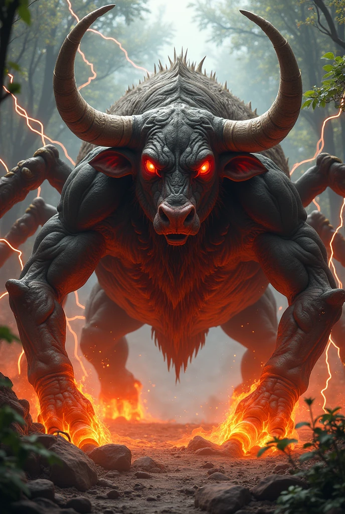 Spider and bull combination,background forest, make it muscular, stronger aggressive, looks bigger hybrid, dengerous, super powerful, lightning background, bigger hybrid, make it one head, Red eyes volcano body . make it mythologycal ,mythical creatures , hd , realistic , Spidey bull, spider hands show in back
