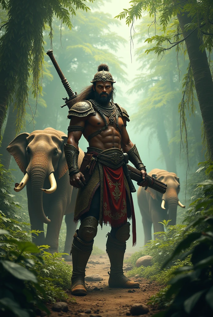 8k ultray full hd , worear yoddha in jungle with animals lions , elephant wor like gun, Talwar, hathoda