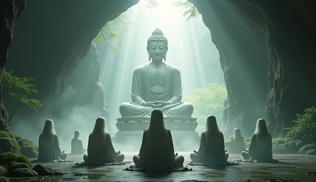 (wide angle shot, far away shot) , A group of woman in Asian Taoism, sitting in cave front of big buddha statue, with long white hair, sitting cross-legged, hands up on both knees. Taoism, wearing a gray robe, miraculous aura, Taoist master, lush landscape, dark green, plum blossom in cave, god ray light from above, fog