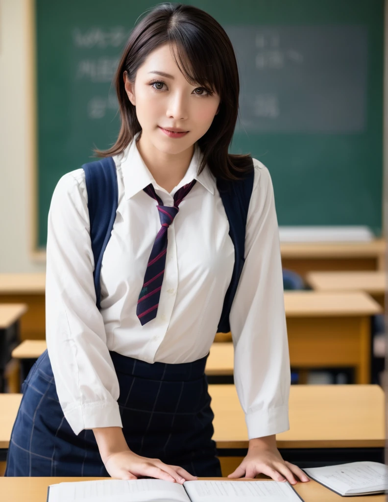 japanese beauty,teacher,necaklace,classroom,against standing by chalkboard, BREAK,from below,looking down,hand on hip,blurry background,