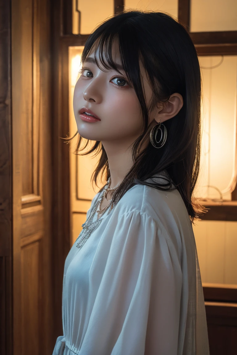 (Highest quality:1.4),(masterpiece:1.4),(Realistic:1.4),(Realistic:1.2),(超High resolution, RAW Photos:1.4),(High resolution, Ultra-detailed:1.2),(8k:1.2),View your viewers,Cinematic photography,One person,skeletally correct,Black-haired woman,Woman in her early 20s,(Small earrings,necklace,Grey3Tiered dress),(Western-style building interior,Dimly lit room,The lamplight shines on my cheeks)