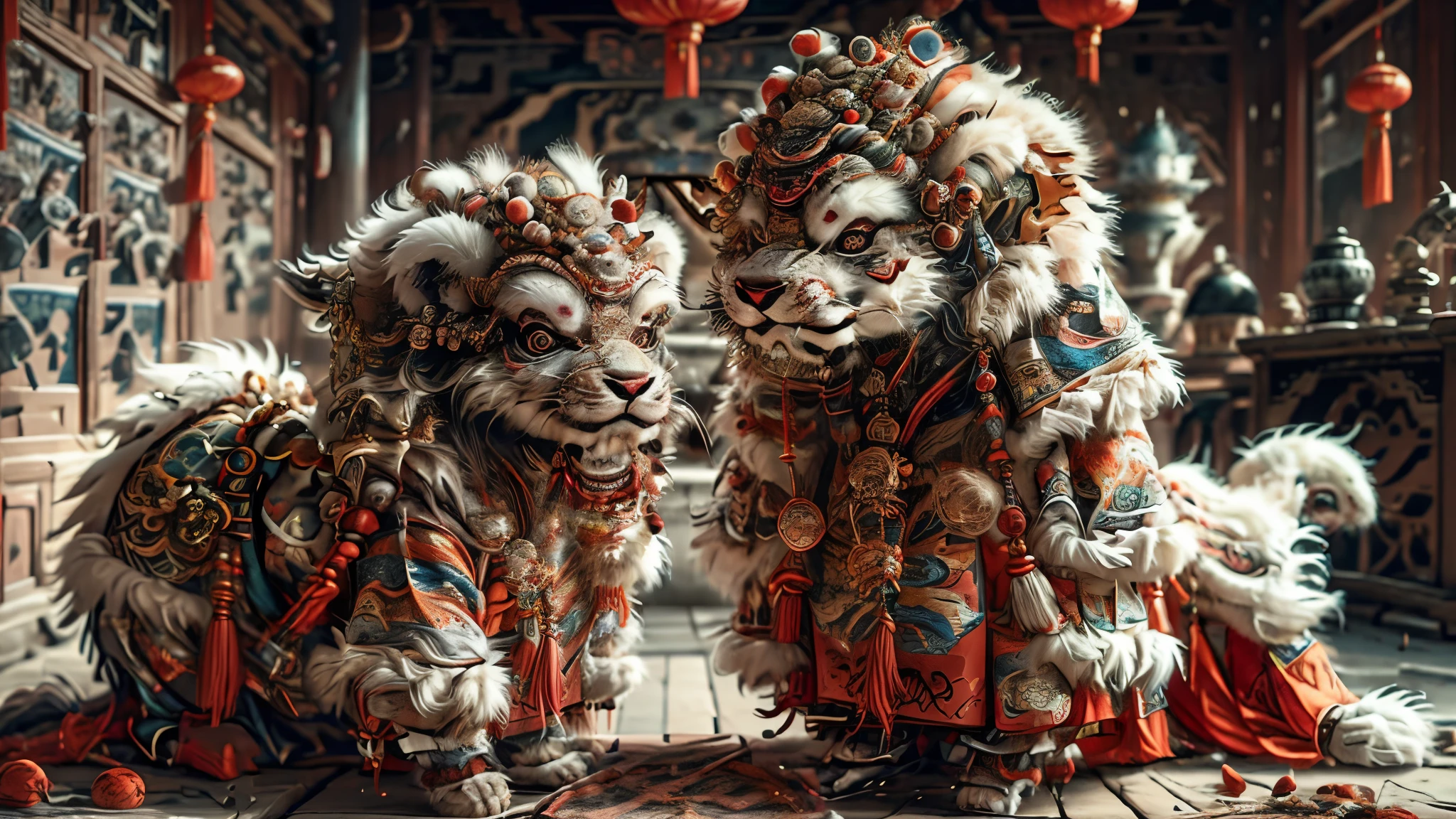 There are two figurines，Both are traditional Chinese lion dances。, CG Society - w 1 0 2 4 - n 8 - i, Inspired by Pu Hua, shui mo hua, official art works, CG Society and fenghua zhong, author：Toth Wu, Inspired by Lu Guang, CG Society 4k”, CG Society ), inspired author：Toth Wu