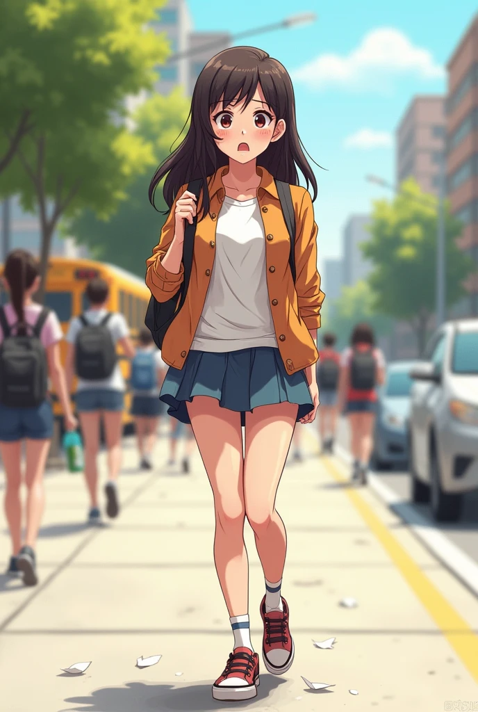 drawing of a high school girl wearing a short skirt who was on her way to school when she realized she forgot to wear underwear and forgot to wear a bra