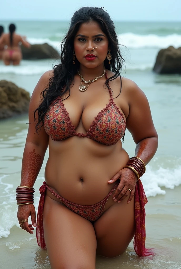 Wet CURVY FIT PAWG MARRIED INDIAN BRIDE, full body picture , BBW Wet curvy, wet Desi Bhabhi showing her big ass in sexy thong COW pattern bikini and showing cleavage and in nose ring, many bangles in hands,earings, necklace ,lipstick ,navel,Indian, Chubby, showing her curves in sea water, sea waves , rocks, Group of lesbian women, Henna Mehendi, 