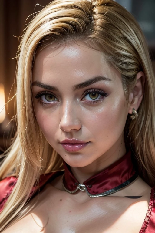 Close up head shot,(best quality,4k,Alto:1.2),ultra-detalhado,Realistic, photo, professional, studio lighting, vivid colors, sharp focus, Physically-based rendering,HDR, extremely detailed eyes and face, beautiful detailed lips, long eyelashes,(exposed cleavage shiny luxury red satin shirt:1.3),pokie nipples, Actriz Ana De Armas, woman 30 years, blonde hair, Curvy, Looking at the Viewer,