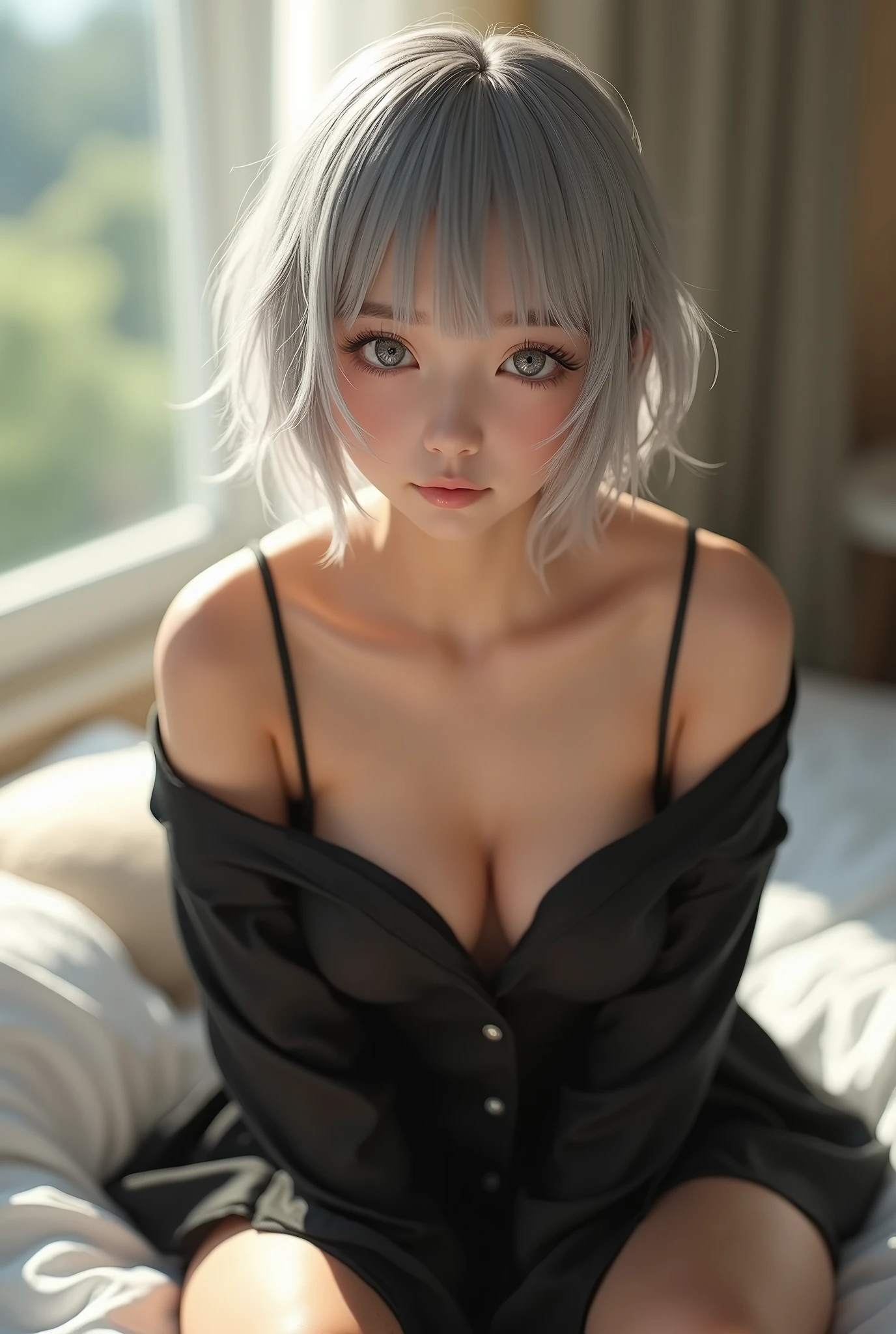 (8k, Photorealistic, Raw photo, Best image quality: 1.4),Japanese idol-style beautiful girl,1,(Short Bob),(Silver Hair),Hang your hair over your ears,Large, clear gray eyes,Long eyelashes,Translucent, finely textured skin,No makeup,cheek(healthy complexion),lips(Plump),(She was wearing black silk pajamas, all of the buttons undone, with the collar hanging down to her shoulders, exposed to her bare skin.(No bra)),(Both shoulders are visible and the chest is open wide.(Off-the-shoulder style)),Shorts.Waking up.She is sitting leaning forward on the bed with her chest pressed together and her hands on her knees.,Looking at the camera,The morning sun shines on her face,Scenery of the morning sun shining through the window