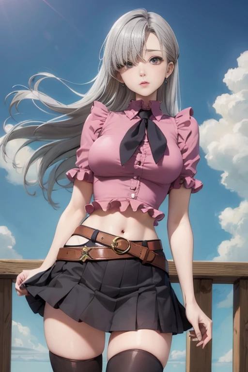 masterpiece, Highest quality, High resolution, Elizabeth, One person, jewelry, Single knee socks, Silver Hair, Hair on one eye, Conceit , abdomen, Black Skirt, Asymmetrical legwear, Pink Shirt, Black knee socks, belt, mini skirt , A skirt where the wind blows and your pants are visible , landscape, Are standing, Are standing, Portraiture,  Sexy Body .