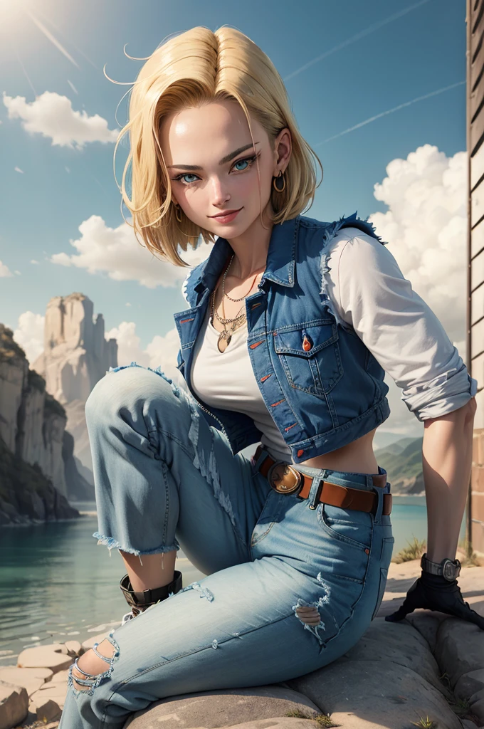 masterpiece, best quality, ultra-detailed, absurdres, Portrait of beautiful Android18DB, solo, earrings, jewelry, denim, smile, belt, vest, cloud, sky, day, pants, outdoors, gloves, necklace, jeans, rock, sitting, sitting_on_rock, volumetric lighting, best quality, masterpiece, intricate details, tonemapping, sharp focus, hyper detailed, trending on Artstation,