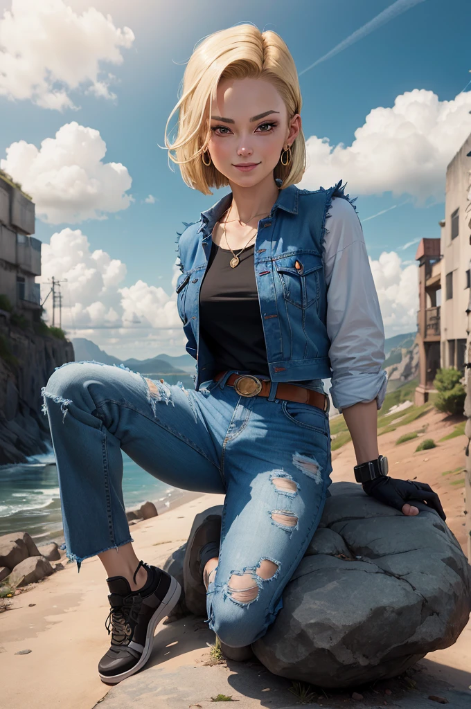 masterpiece, best quality, ultra-detailed, absurdres, Portrait of beautiful Android18DB, solo, earrings, jewelry, denim, smile, belt, vest, cloud, sky, day, pants, outdoors, gloves, necklace, jeans, rock, sitting, sitting_on_rock, volumetric lighting, best quality, masterpiece, intricate details, tonemapping, sharp focus, hyper detailed, trending on Artstation,