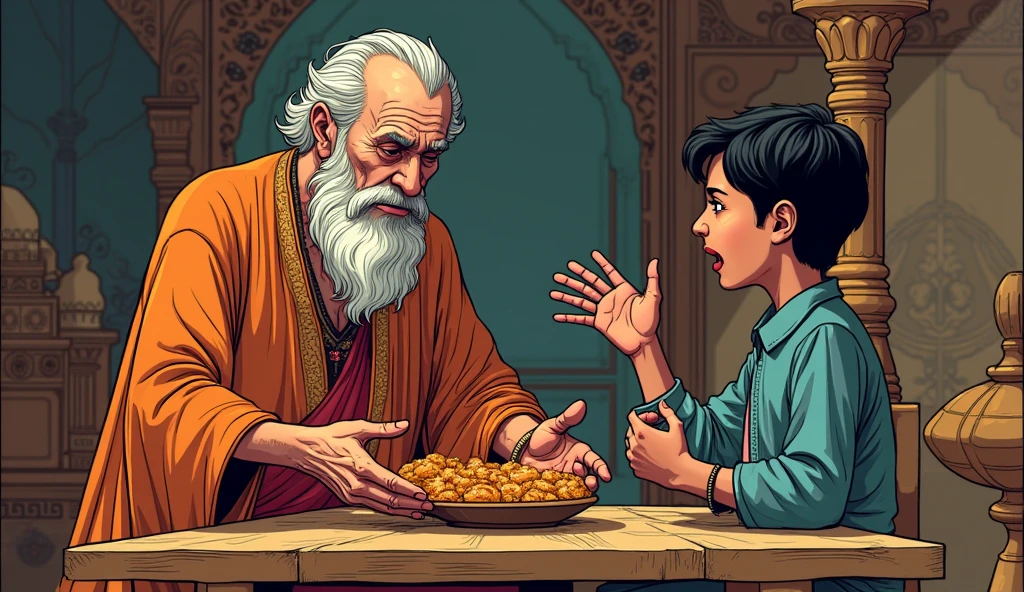 Comic style King Subala, weak and frail, making the decision to give all the food to Shakuni, a young prince