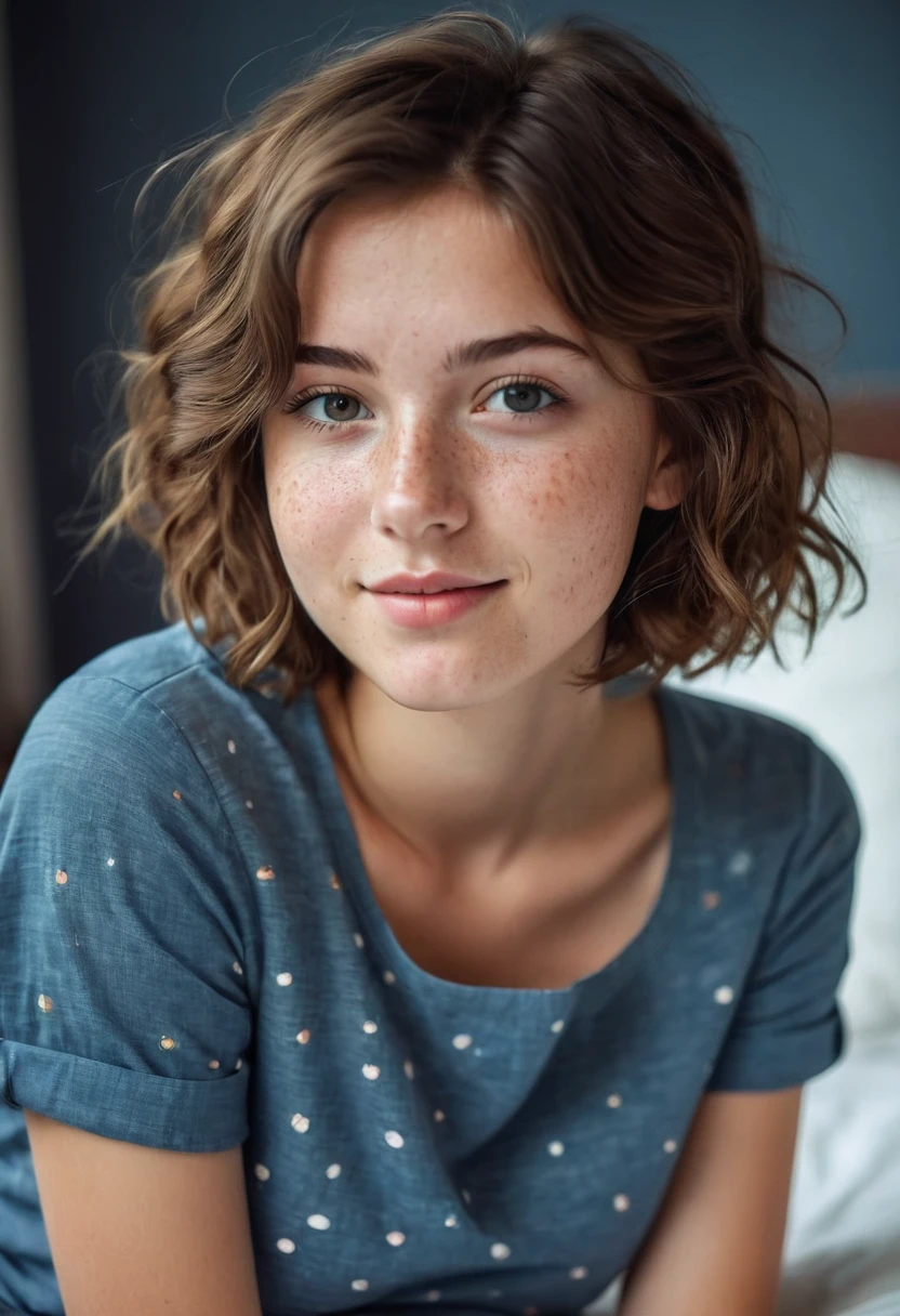 Cute Teenager young girl, Brown hair, adorable attractive, innocent and friendly. Adorable little freckles on her cheeks. Short hair, lots of hair, short wavy hair. A color dark blue short-sleeved shirt with pants color khaki. Slightly playful, flirtatious and calm facial expression. Slightly noticeable breasts ((big breasts)) ((realistic photo)) ((bed, comfortable house and friendly and comforting atmosphere)) ((Looking at the viewer))