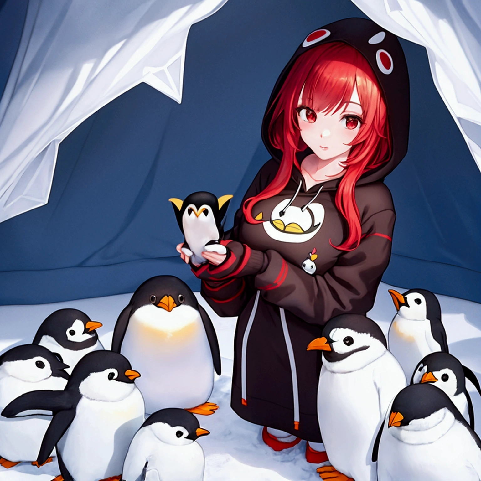 Alice's Memories in Wonderland,standing in Antarctica with arched backsurrounded by stuffed penguins,medium red hair, cute 20-something woman, wearing a penguin hoodie, fantastic photo breasts, hands on lips,full body, sunlight shining, Japanese anime wearing a penguin hoodie,