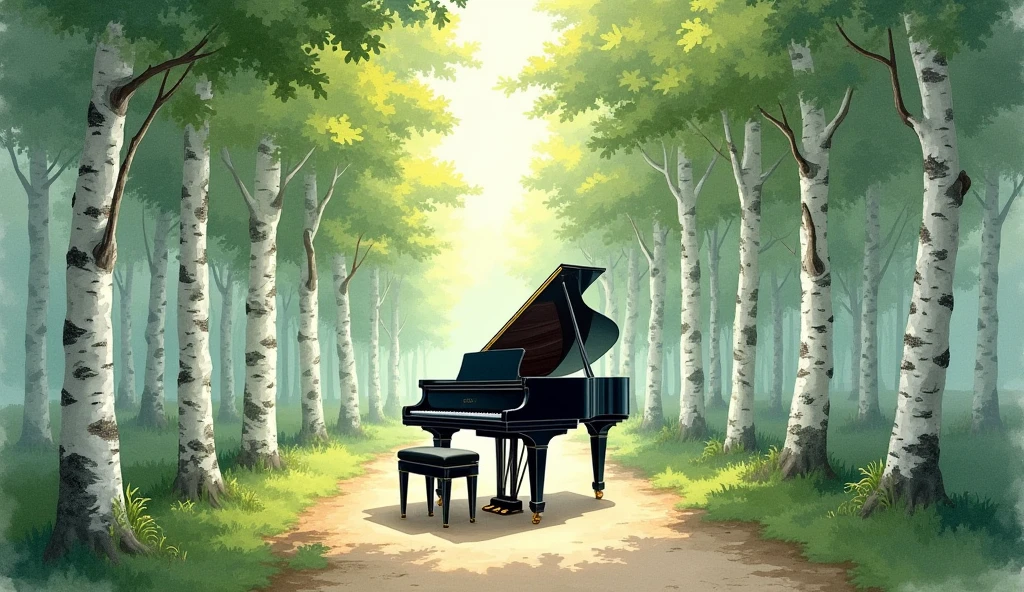 A black grand piano placed on a forest path lined with tall birch trees. The scene is depicted in a realistic watercolor style, creating a sense of freshness. The birch trees, with their white bark and green leaves, are neatly lined up along the pathway, forming a tranquil and elegant natural corridor. The sunlight filtering through the trees casts gentle shadows on the pathway and the piano. Quiet and harmonious, the piano blends beautifully into its lush surroundings.” In the unpopular forest,