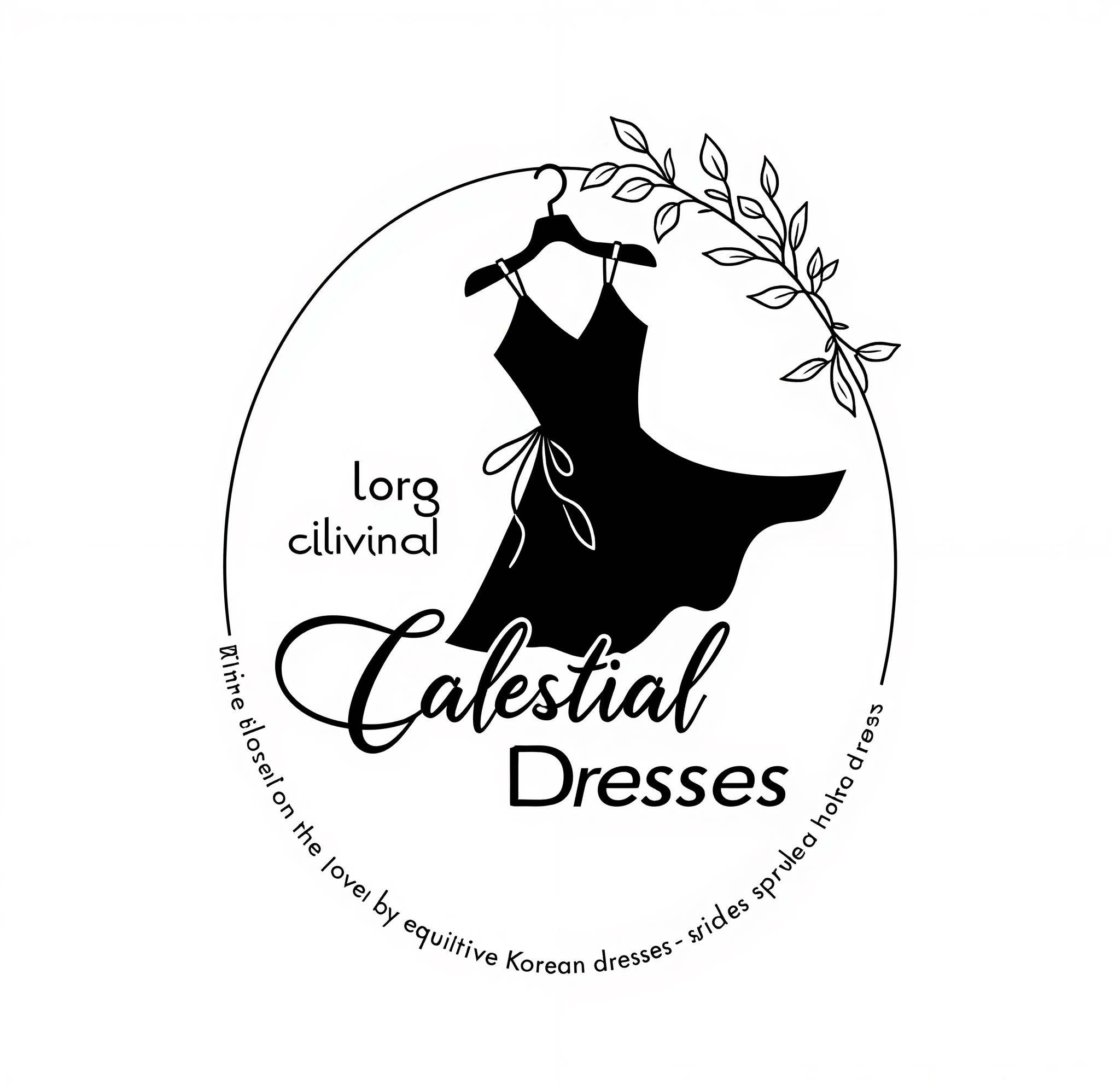 Design a logo for the brand "Calestial" with a sophisticated black and white color contrast. The central element should feature the name "Calestial" in elegant, modern typography. In the background, include a subtle, refined depiction of a lady’s dress, symbolizing the "Bloom" of the dress. Incorporate the tagline: "The Name of Trust – Exquisite Korean Dresses." The overall design should convey both elegance and reliability.