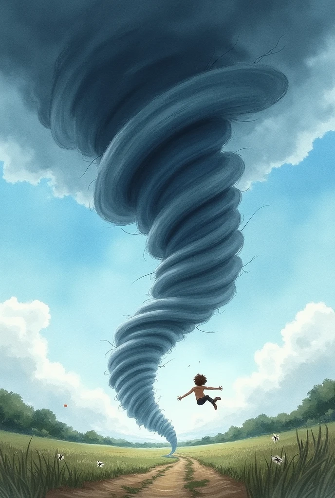 A watercolor landscape featuring a dynamic scene of a swirling tornado blending seamlessly into the sky. The tornado should have shades of grey and dark blue, twisting upwards, while the sky above transitions from deep stormy hues near the tornado to a calm, bright blue as it stretches away. In the midst of the tornado, include a young boy being swept up, flying through the air, his figure small against the vastness of the storm. The boy should appear to be caught in the wind, with his body tilted and limbs outstretched. The overall atmosphere should feel both powerful and serene, capturing the contrast between the tornado's intensity, the peacefulness of the open sky, and the human element within the storm.