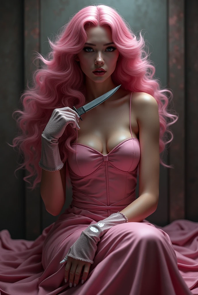 (photorealism:1.2), beautiful woman curly pink long hair sexy pink dress high heels glove holding knife