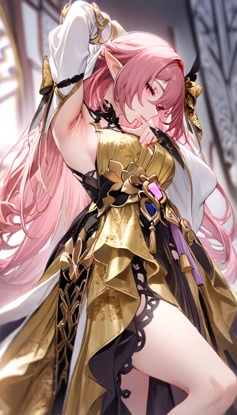 masterpiece, best quality, 1girl, solo, elysia \(herrscher of human:ego\) \(Honkai impact\), pointed ears, elf, pink hair, pink eyes, slit pupils, long hair, (elegant red and gold dress:1.6), (traditional hanfu-inspired design:1.5), (flowing layered skirt:1.4), (golden embroidery:1.5), (ornate floral bow:1.5), (tassel accents:1.4), (contrasting white sleeves:1.6), (silk ribbon belt:1.4), (intricate patterns:1.5), (high collar:1.4), (rich texture:1.5), (opulent:1.6), spread armpit, arm up, presenting armpit, fingers on own armpit, blurry background, looking at view