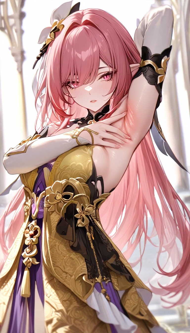 masterpiece, best quality, 1girl, solo, elysia \(herrscher of human:ego\) \(Honkai impact\), pointed ears, elf, pink hair, pink eyes, slit pupils, long hair, (elegant red and gold dress:1.6), (traditional hanfu-inspired design:1.5), (flowing layered skirt:1.4), (golden embroidery:1.5), (ornate floral bow:1.5), (tassel accents:1.4), (contrasting white sleeves:1.6), (silk ribbon belt:1.4), (intricate patterns:1.5), (high collar:1.4), (rich texture:1.5), (opulent:1.6), spread armpit, arm up, presenting armpit, fingers on own armpit, blurry background, looking at view