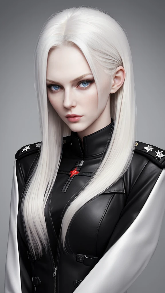 A tall, slender Russian beauty with kind eyes。Age 2。Her platinum blonde hair is half-up。Wearing a jet black military uniform with five-star shoulder straps。
