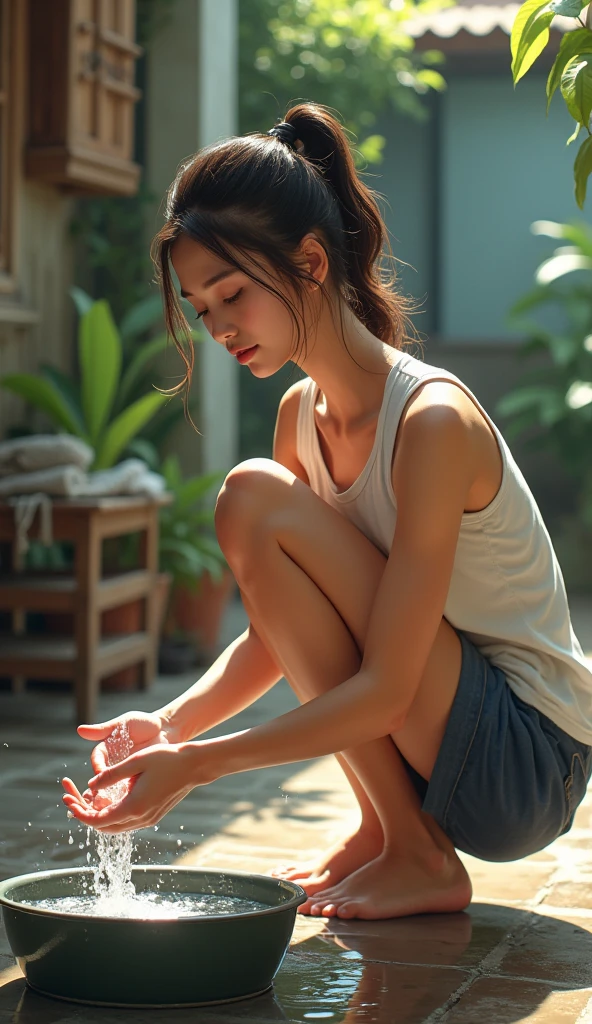 Thai woman of 20 age in shorts and sleeveless washing clothes