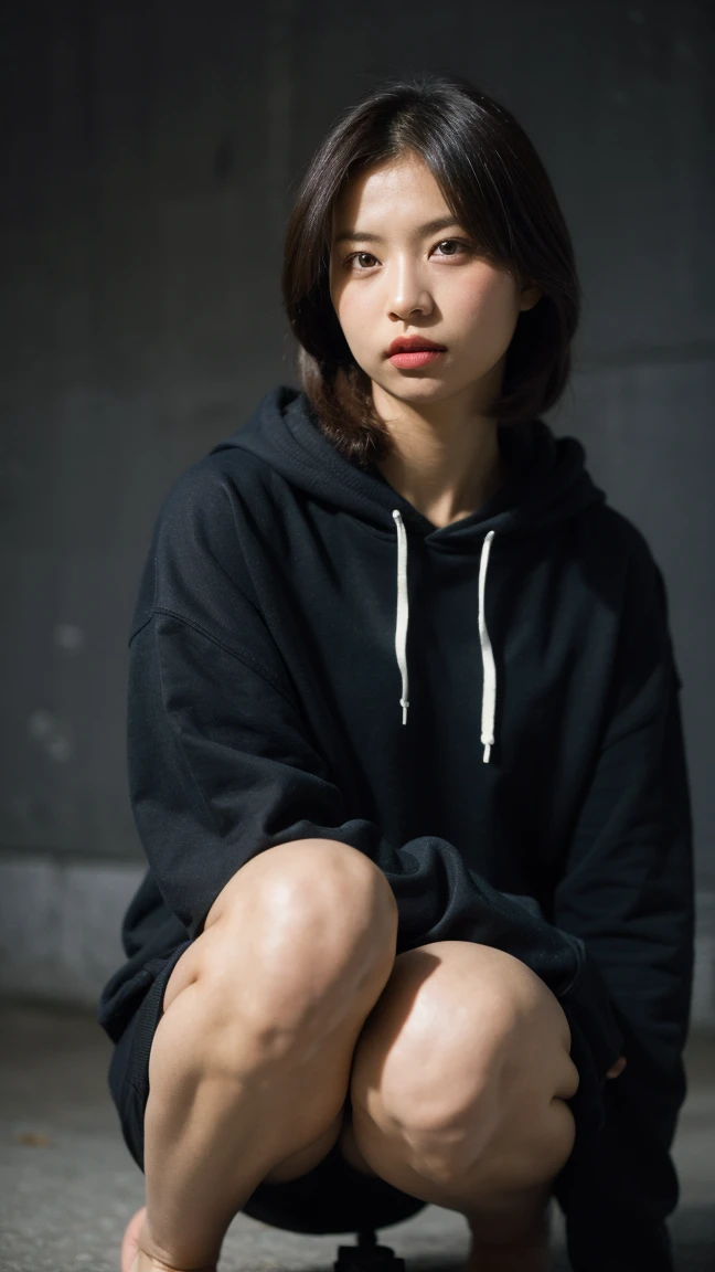 Masterpiece, best quality, ultra high resolution, hyper realistic, realistic, (photorealistic:1.4), masterpiece of analog film photograph a girl in the dark, expressionless, wearing black hoodie, taken by Hideaki Hamada using Pentax 67II and Kodak Portra, basement background 