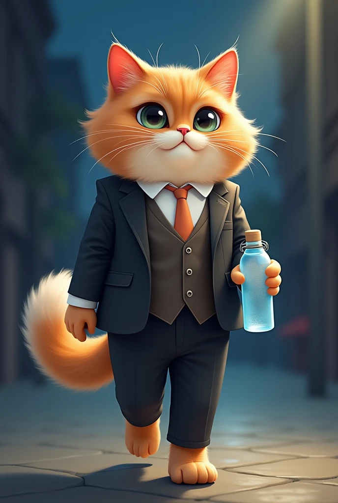 Beautiful parshian cartoon cat walk at in night suit with hold water bottle.she stop and saying coming with attitude and again she walk walk