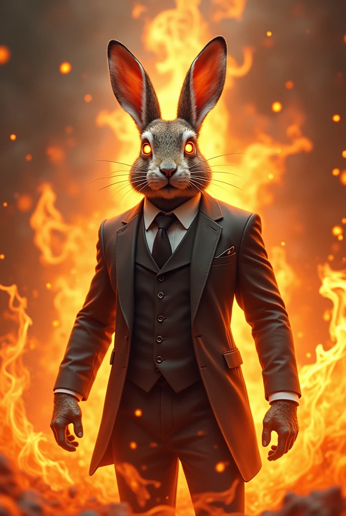 Powerful magical humanoid rabbit in a suit surrounded by flames