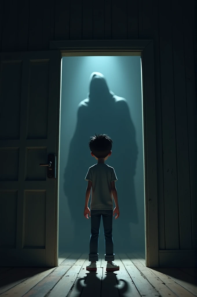 Cinematic 3d cartoon style Glimpse of the Dark Figure: A mysterious, shadowy figure emerging from a darkened room as the young man opens a heavy door.