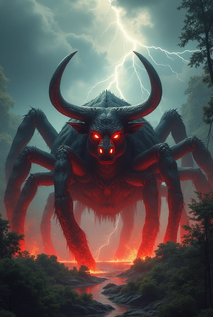 Spider and bull combination,background forest, make it muscular, stronger aggressive, looks bigger hybrid, dengerous, super powerful, lightning background, bigger hybrid, make it one head, Red eyes volcano body . make it mythologycal ,mythical creatures , hd , realistic , Spidey bull, spider hands show in back , eight eyes of bull and spider hands eight