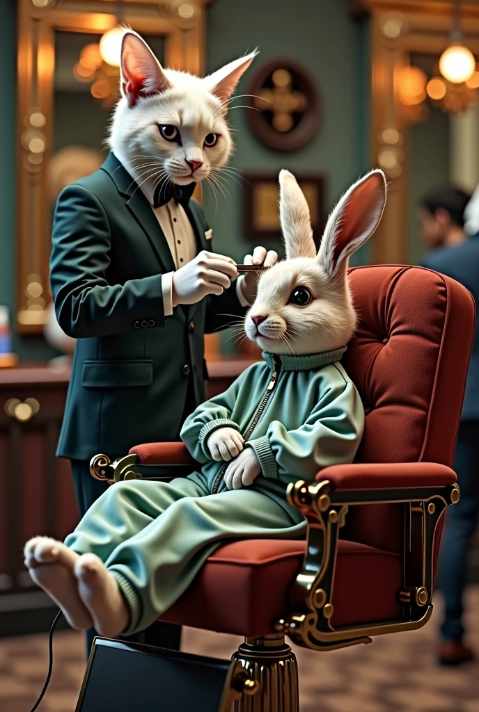  cat laughing, hairdresser in elegant suit styling hair on luxury chair in barbershop rabbit in tracksuit realistic, real, high resolution detail, full photo like real