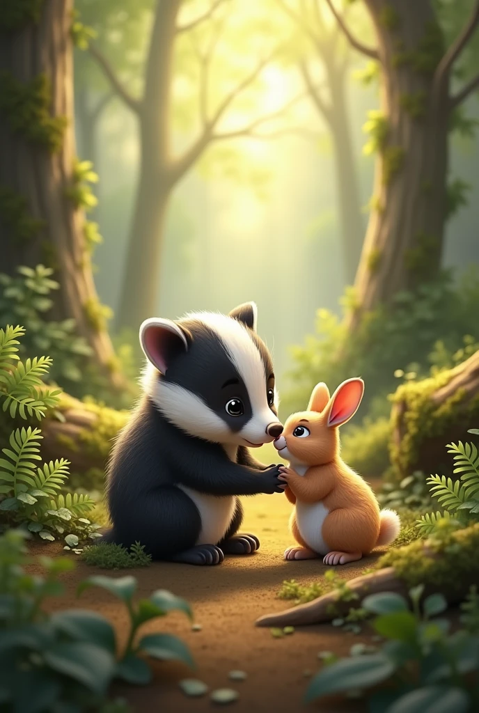 a picture of a little badger and a little rabbit in the forest