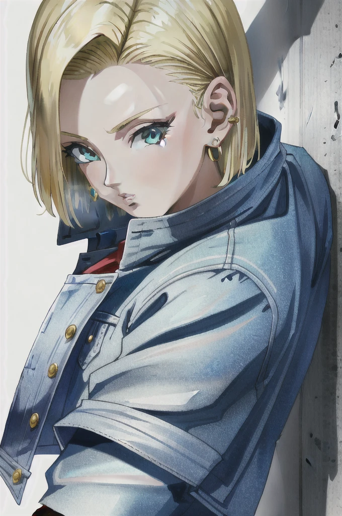 (extremely detailed CG unity 4k wallpaper),(masterpiece),(best quality),(ultra-detailed),(best illustration),(best shadow),(absurdres),(detailed background), Android 18, 1girl, android 18, solo, blonde hair, pantyhose, blue eyes, skirt, earrings, jewelry, short hair, white background, simple background, denim, black pantyhose, denim jacket
