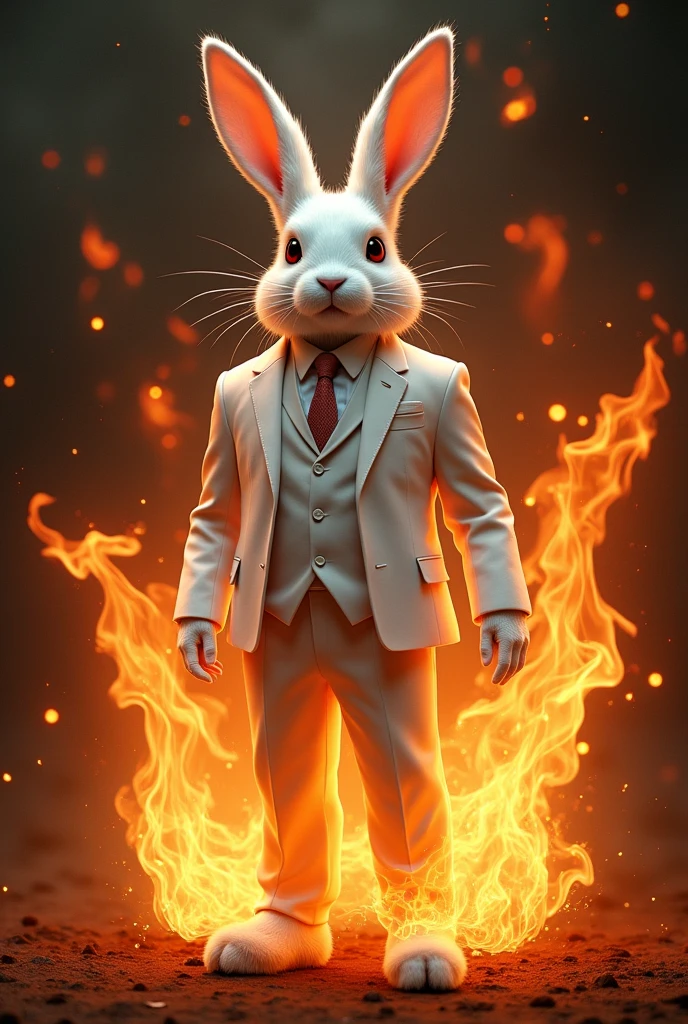 Powerful magical humanoid white rabbit in a suit surrounded by flames