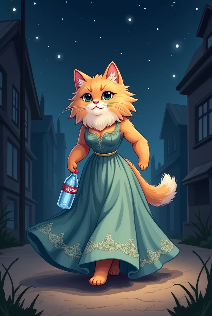 Beautiful parshian cartoon cat walk at in night dress with hold water bottle.she stop and saying coming with attitude and again she walk walk 