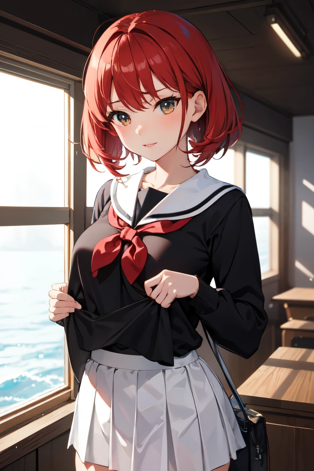 8k,Highest quality,masterpiece, Sharp focus,high school girl,,Red hair,Lewd,Sailor suit