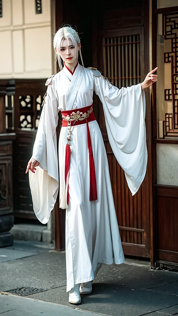 Chico, with white hair/long and loose silver, His eyes were red, He had a tall, slim, slender body, a white skin, He wore tunics and boots, She posed with one hand on her waist and the other to the side, in imperial china era 