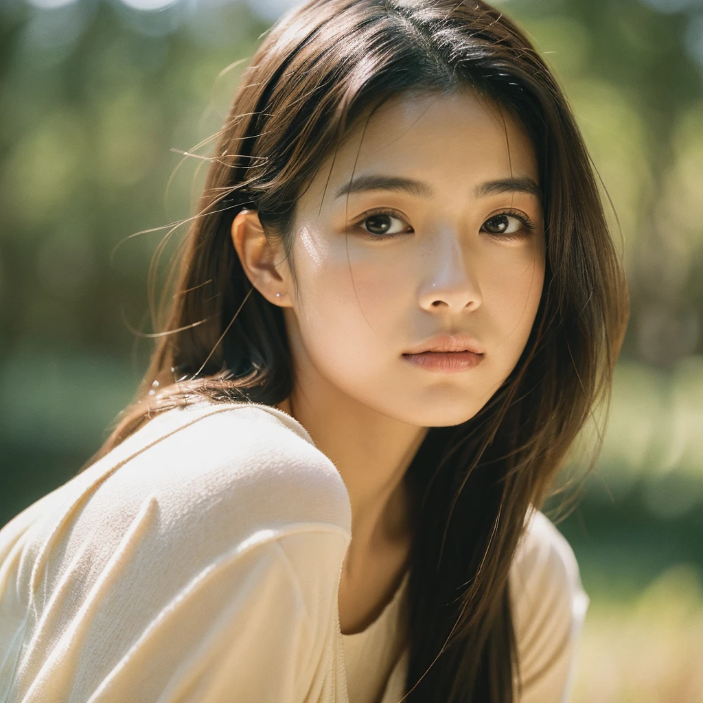 A hyper-realistic image of a single Japanese woman in her early 20s, captured with the nostalgic warmth and subtle graininess of a film camera. Her skin has a warm beige tone with a natural, slightly rough texture that includes visible pores, fine lines, and subtle imperfections such as small blemishes, adding to the authenticity of her appearance. The soft, diffused natural light enhances the film-like quality, casting gentle shadows that create a timeless, organic feel. Her straight, glossy black hair frames her face in a natural, slightly tousled manner, and her deep brown eyes reflect the ambient light, adding depth and emotion. The film camera effect introduces a slight grain and a softer focus, giving the image a warm, nostalgic atmosphere while maintaining the realistic texture of her skin. She is dressed simply, in a way that complements her natural beauty, with the overall composition designed to evoke a sense of genuine, understated elegance. The use of natural light, combined with the deliberately rougher texture of her skin and the film-like qualities, ensures that this image captures the imperfections that make her beauty truly lifelike, focusing solely on this one individual.