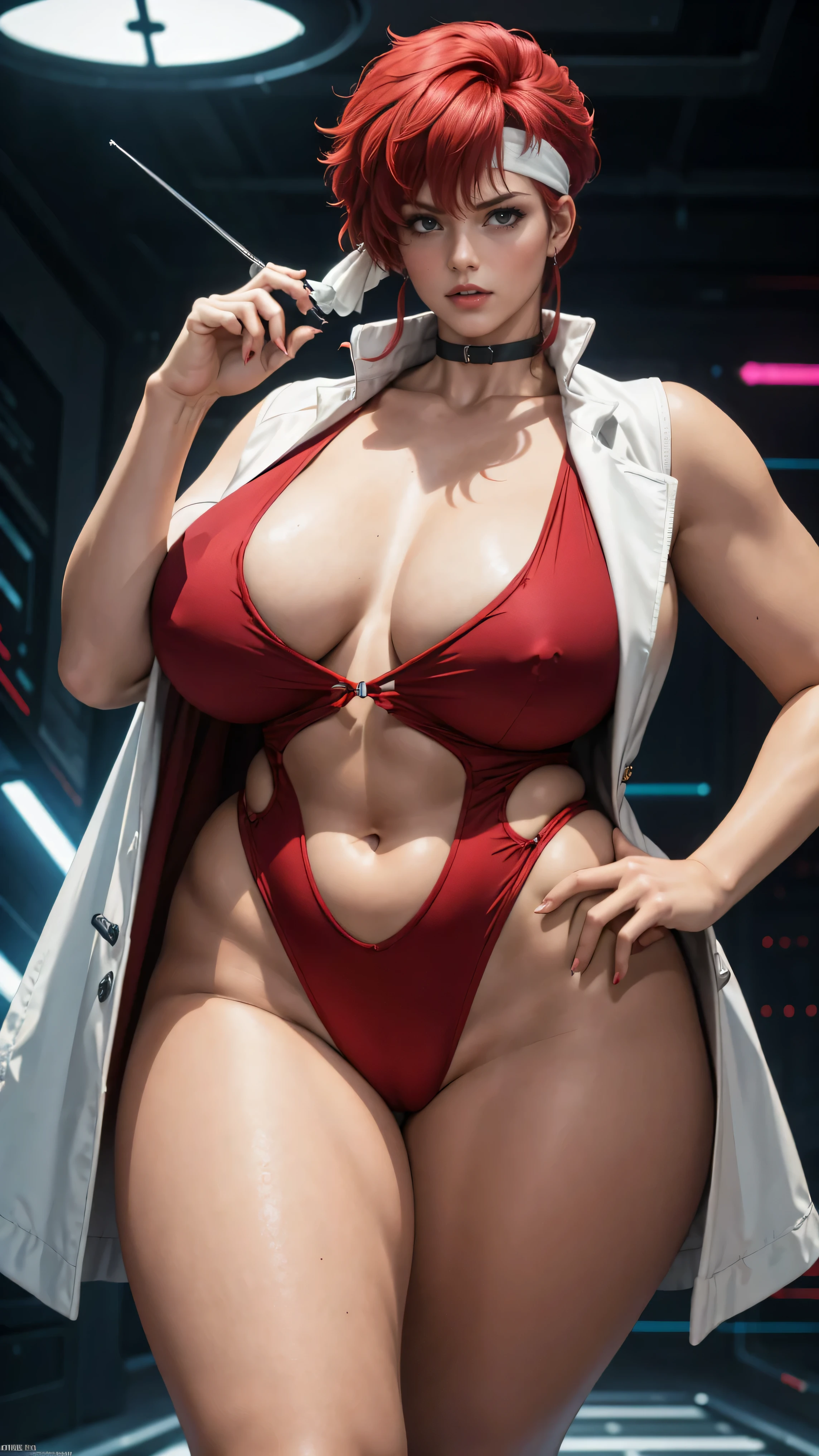 Groin area where clothing is tightly gripped, Red mashup hair, Kay from Dirty Pair in a tight white leotard, White long coat, Mature Woman, Mom Type, Mom Type, Very large breasts, Redhead beauty, Cyberpunk City Background, Holding a retro space gun, Green headband, Perfect body, Sensual Appearance, Curvy Model, Very plump body, Sensual body, Plus Size Women, Attractive plus size model,Red mashup hair,Very large breasts, Groin area where clothing is tightly gripped, Very large breasts, Very large breasts, Very large breasts, Very large breasts,