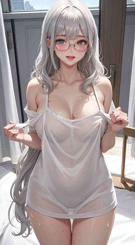 1Girl, Solo, Anime, Ideal body, down blouse, laced blouse, oversize, loose. (Small breast:1.1), (Hard nipples:1.1). Beautiful, Gorgeous, Fresh, Blunt Bangs, (White Grey Hair:1.5),(Straight and Wavy Long Hair:1.3), laced camisole, eyeglasses, mini dress, stocking, Comfort, cotton Texture. (Sexy Standing:1.3). Earrings, Thin Black Headband, Green Accessories, Environmental Details, Bed Room, Natural Light, Modern Bed, Chair, Window, White Curtain, City View. pov, anime style, UHD, retina, masterpiece, accurate, anatomically correct, textured skin. High Resolution, Looking at the viewer, Blush, Best Quality, Award Winning, Accurate, Embarrassed, seductive smile, sweating, naughty smile, Naughty Face, Naughty, Gradient Eye Color, Sexy Pose. Cowboy Shot, open mouth, sweat, sticky sweat, (sticky goo on breast), (white goo on body), (sweating). Milk, white milk on breast.