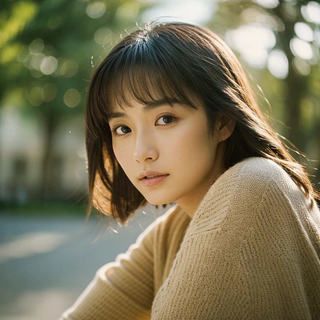 A hyper-realistic image of a single Japanese woman in her early 20s, captured with the nostalgic warmth and subtle graininess of a film camera. Her skin has a warm beige tone with a natural, slightly rough texture that includes visible pores, fine lines, and subtle imperfections such as small blemishes, adding to the authenticity of her appearance. The soft, diffused natural light enhances the film-like quality, casting gentle shadows that create a timeless, organic feel. Her straight, glossy black hair frames her face in a natural, slightly tousled manner, and her deep brown eyes reflect the ambient light, adding depth and emotion. The film camera effect introduces a slight grain and a softer focus, giving the image a warm, nostalgic atmosphere while maintaining the realistic texture of her skin. She is dressed simply, in a way that complements her natural beauty, with the overall composition designed to evoke a sense of genuine, understated elegance. The use of natural light, combined with the deliberately rougher texture of her skin and the film-like qualities, ensures that this image captures the imperfections that make her beauty truly lifelike, focusing solely on this one individual.