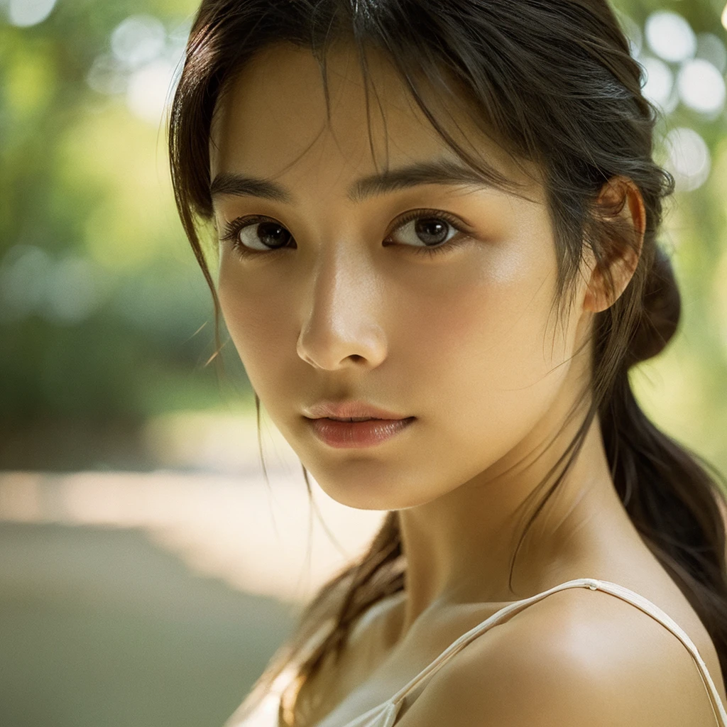 A hyper-realistic image of a single Japanese woman in her early 20s, captured with the nostalgic warmth and subtle graininess of a film camera. Her skin has a warm beige tone with a natural, slightly rough texture that includes visible pores, fine lines, and subtle imperfections such as small blemishes, adding to the authenticity of her appearance. The soft, diffused natural light enhances the film-like quality, casting gentle shadows that create a timeless, organic feel. Her straight, glossy black hair frames her face in a natural, slightly tousled manner, and her deep brown eyes reflect the ambient light, adding depth and emotion. The film camera effect introduces a slight grain and a softer focus, giving the image a warm, nostalgic atmosphere while maintaining the realistic texture of her skin. She is dressed simply, in a way that complements her natural beauty, with the overall composition designed to evoke a sense of genuine, understated elegance. The use of natural light, combined with the deliberately rougher texture of her skin and the film-like qualities, ensures that this image captures the imperfections that make her beauty truly lifelike, focusing solely on this one individual.