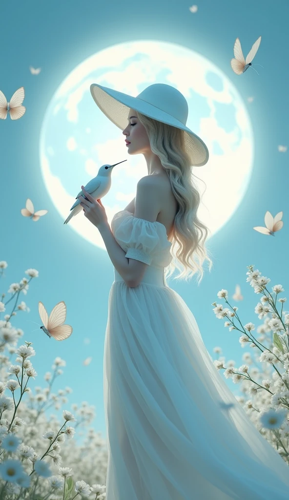 In this eye-catching and dreamy fashion poster, the name "BIGURILHAS" is elegantly written in luminous 3D with flowing letters, adorned with delicate white flowers, at the top of the image. An elegant, feminine figure dressed in an exquisite, flowing white dress stands before a huge, bright moon, creating a cinematic atmosphere. Her wide-brimmed white hat perfectly complements her long, wavy hair that falls down her back. Tenderly holding a white hummingbird, she radiates light, elegance and charm. The image is surrounded by neon white butterflies, some of which appear to float in the air, contributing to the ethereal and dreamy atmosphere. The soft pastel blue background highlights the vibrant colors and 3D rendering, making it an unforgettable viewing experience. cinematographic, vibrant, photo, fashion, typography, 3d rendering, poster, cinematic.