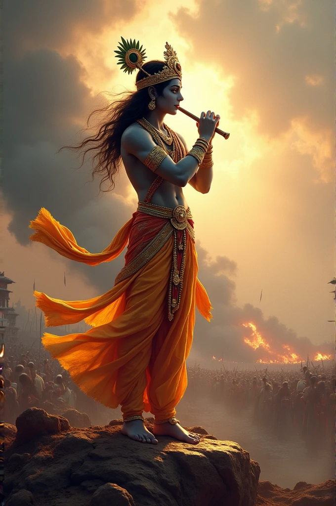 Krishna standing and holding his flute in mahabhar war