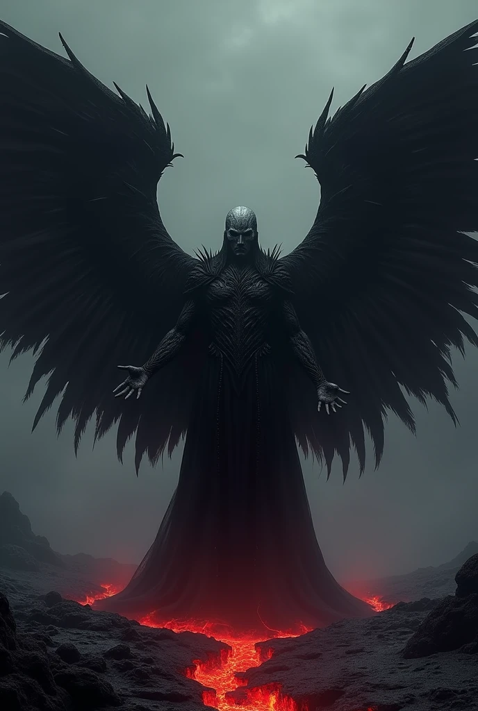 creates an image of a dark angel with imposing wings and exposed anatomical details, standing in a majestic posture on a volcanic stone floor. The stage is illuminated by a reddish glow coming from a nearby lava river.. The overall tone conveys a mix of dark power and ancient mystery.. The angel wings are large and detailed, with almost realistic feathers. The angel is standing with both arms extended to the sides., as if invoking a dark heavenly power. The reddish glow emits a dim light that slightly illuminates the angel&#39;s head.. The color palette consists of dark and muted tones., predominantly black and dark red. The wings are pearly black., contrasting with the dark background. The angel&#39;s skin is a grayish tone, almost translucent, standing out in the gloomy surroundings. The floor is a pattern of black and red volcanic stone, and the lighting is soft and diffuse, creating deep shadows and a mysterious atmosphere. The background is dark and hazy, adding an air of introspection and mystery to the scene, recalling the intense and supernatural atmosphere of &#39;Constantine&#39;.
