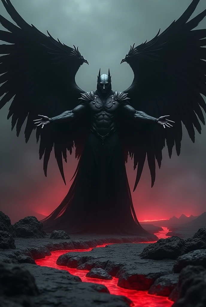 creates an image of a dark angel with imposing wings and exposed anatomical details, standing in a majestic posture on a volcanic stone floor. The stage is illuminated by a reddish glow coming from a nearby lava river.. The overall tone conveys a mix of dark power and ancient mystery.. The angel wings are large and detailed, with almost realistic feathers. The angel is standing with both arms extended to the sides., as if invoking a dark heavenly power. The reddish glow emits a dim light that slightly illuminates the angel's head.. The color palette consists of dark and muted tones., predominantly black and dark red. The wings are pearly black., contrasting with the dark background. The angel's skin is a grayish tone, almost translucent, standing out in the gloomy surroundings. The floor is a pattern of black and red volcanic stone, and the lighting is soft and diffuse, creating deep shadows and a mysterious atmosphere. The background is dark and hazy, adding an air of introspection and mystery to the scene, recalling the intense and supernatural atmosphere of 'Constantine'.