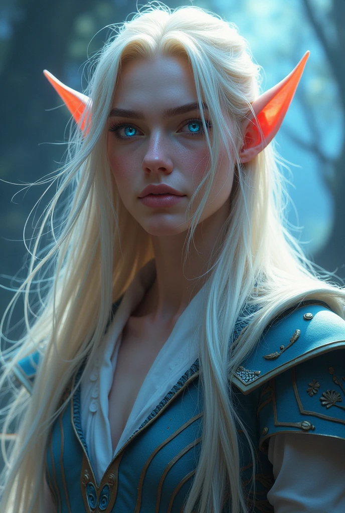 Bloodelf Male, World of Warcraft, Fantasy, glowing blue eyes, feminine asthetic, soft face, blonde very Long hair, Femboy